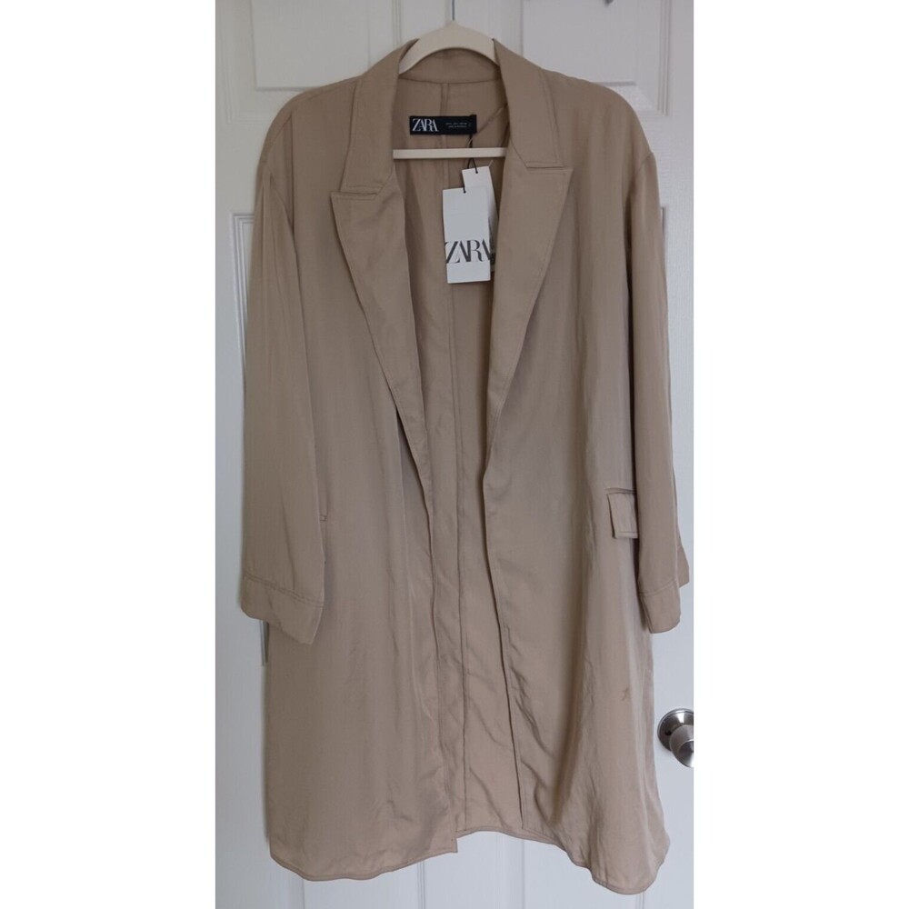 Zara Women's Beige Open Front Long Sleeve Trench‎ Coat Size L